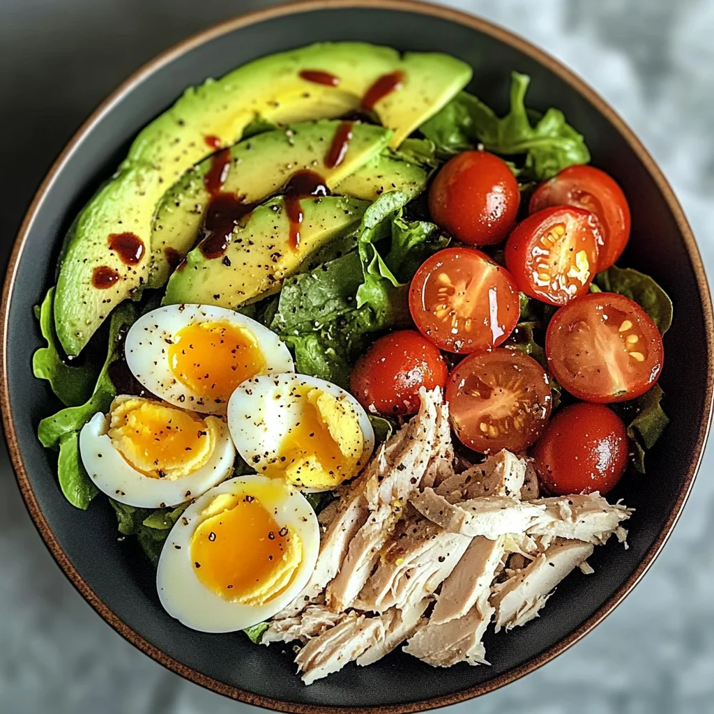 Avocado & Jammy Egg Salad Bowl with Shredded Chicken & Tomatoes