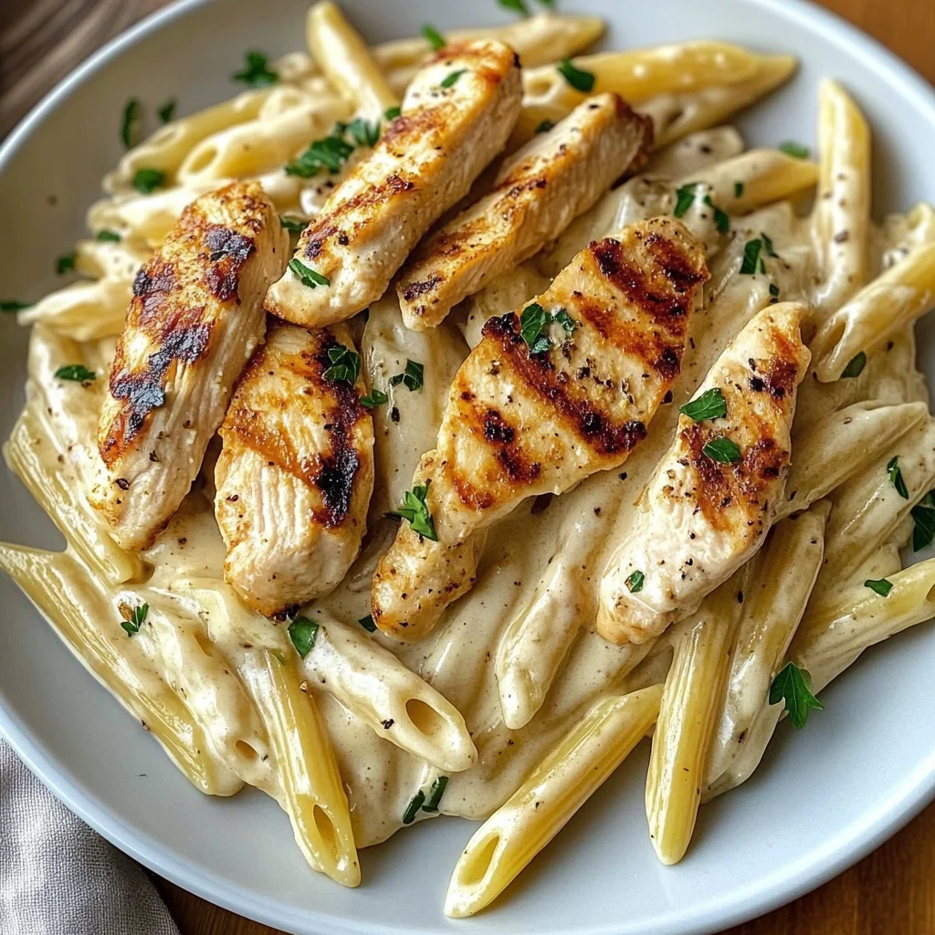 Creamy Chicken Alfredo Pasta with Grilled Chicken Strips