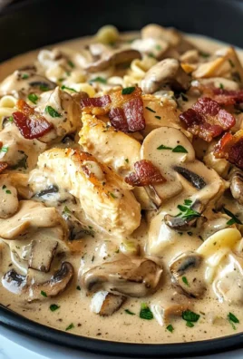 Creamy Slow Cooker Chicken Bacon Stroganoff with Mushrooms & Herbed Noodles