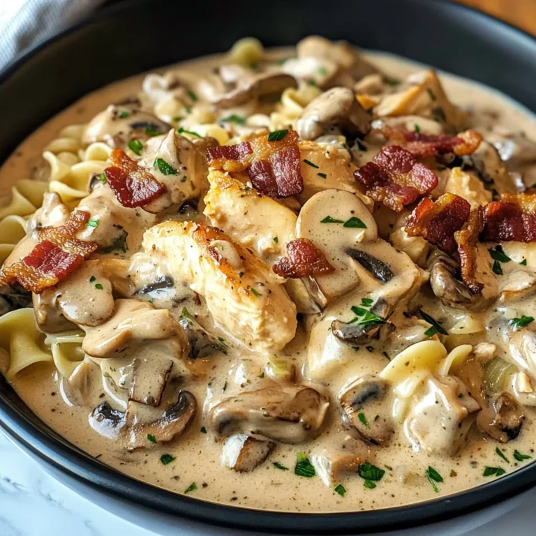 Creamy Slow Cooker Chicken Bacon Stroganoff with Mushrooms & Herbed Noodles
