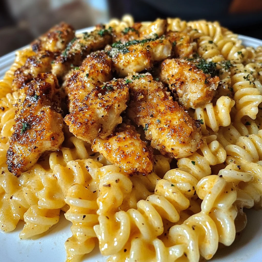 Creamy Velveeta Rotini with Cajun Garlic Chicken Strips
