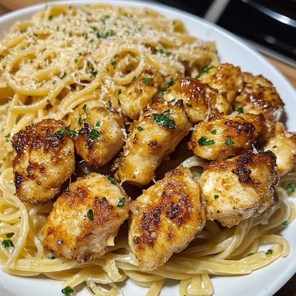 Lemon Garlic Butter Chicken Bites with Savory Parmesan Linguine