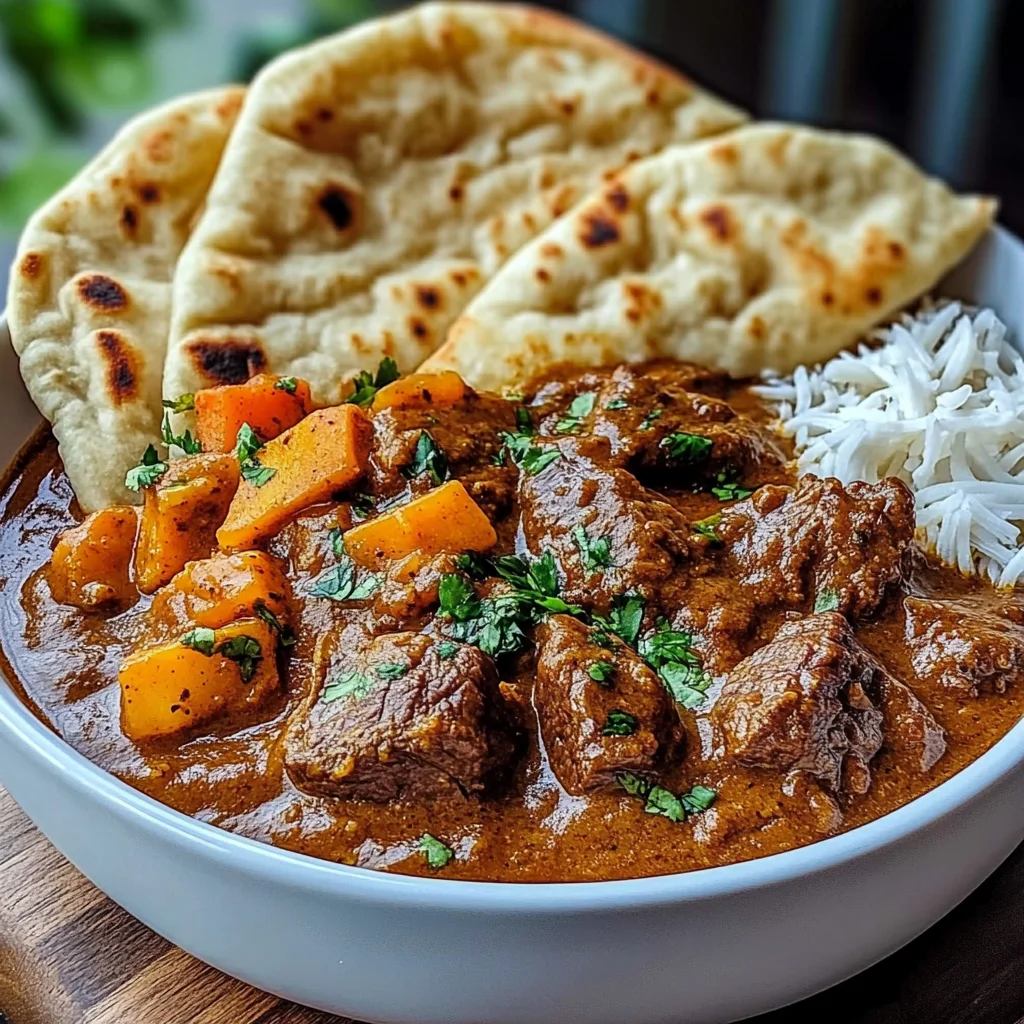 Slow-Cooked Beef Curry with Garlic Naan