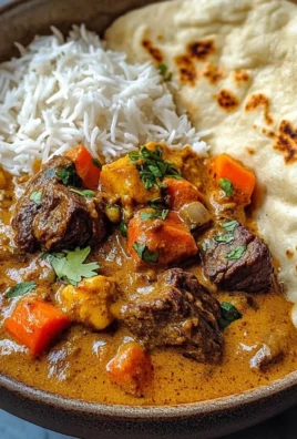 Slow-Cooked Beef in Creamy Coconut Curry with Rice and Garlic Naan