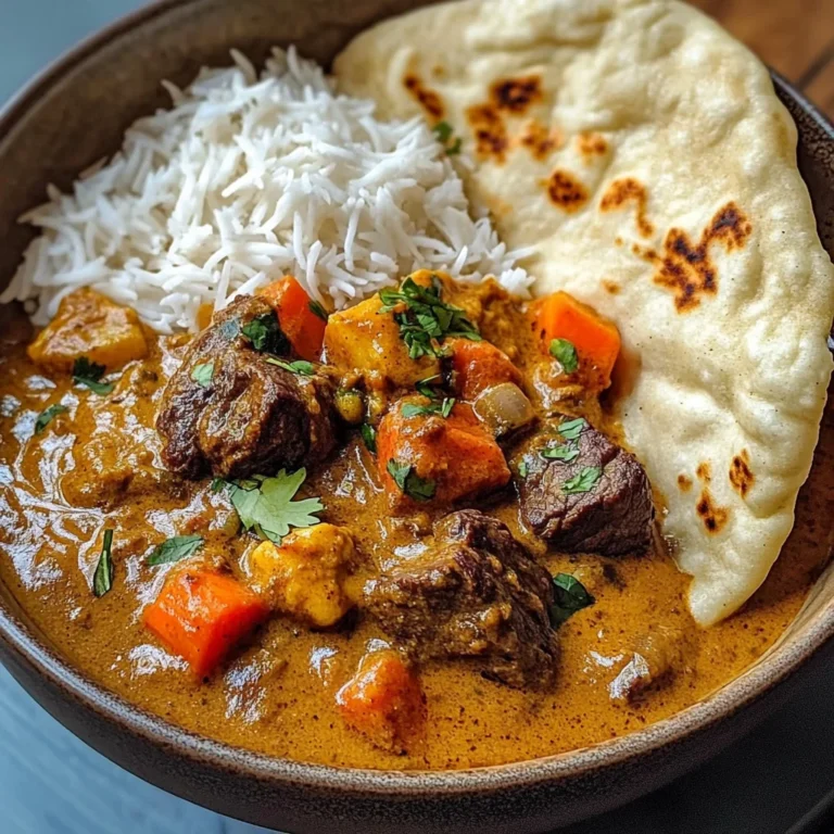 Slow-Cooked Beef in Creamy Coconut Curry with Rice and Garlic Naan