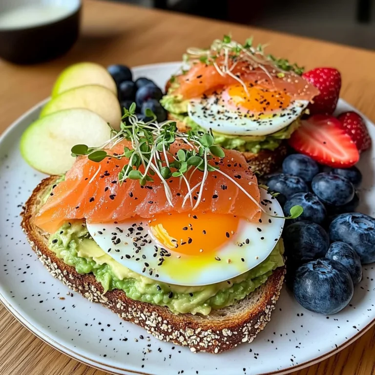 Smoked Salmon & Egg Avocado Toast Plate with Fresh Fruit & Tea