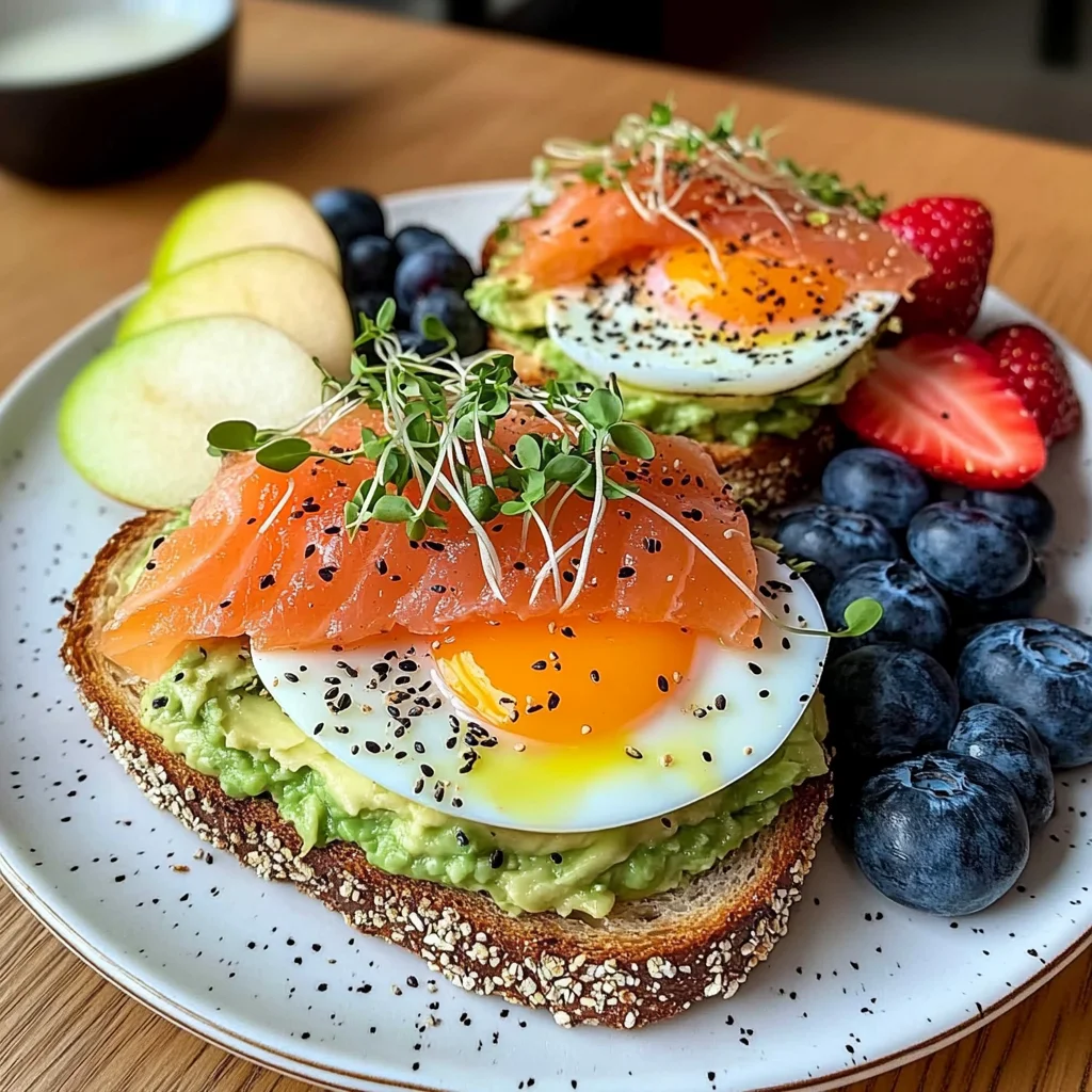 Smoked Salmon & Egg Avocado Toast Plate with Fresh Fruit & Tea