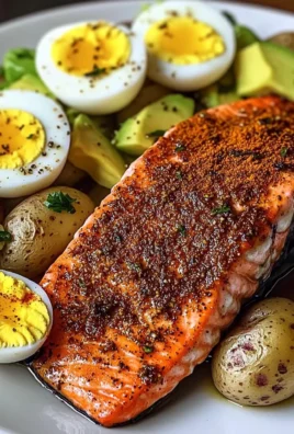 Spiced Salmon with Garlic Herb Potatoes, Avocado & Soft-Boiled Eggs