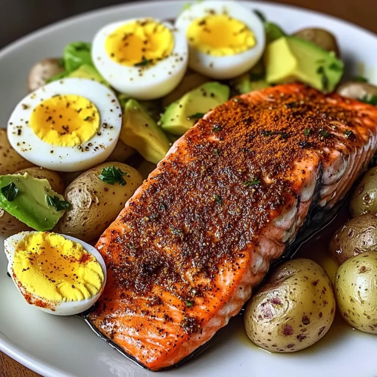 Spiced Salmon with Garlic Herb Potatoes, Avocado & Soft-Boiled Eggs