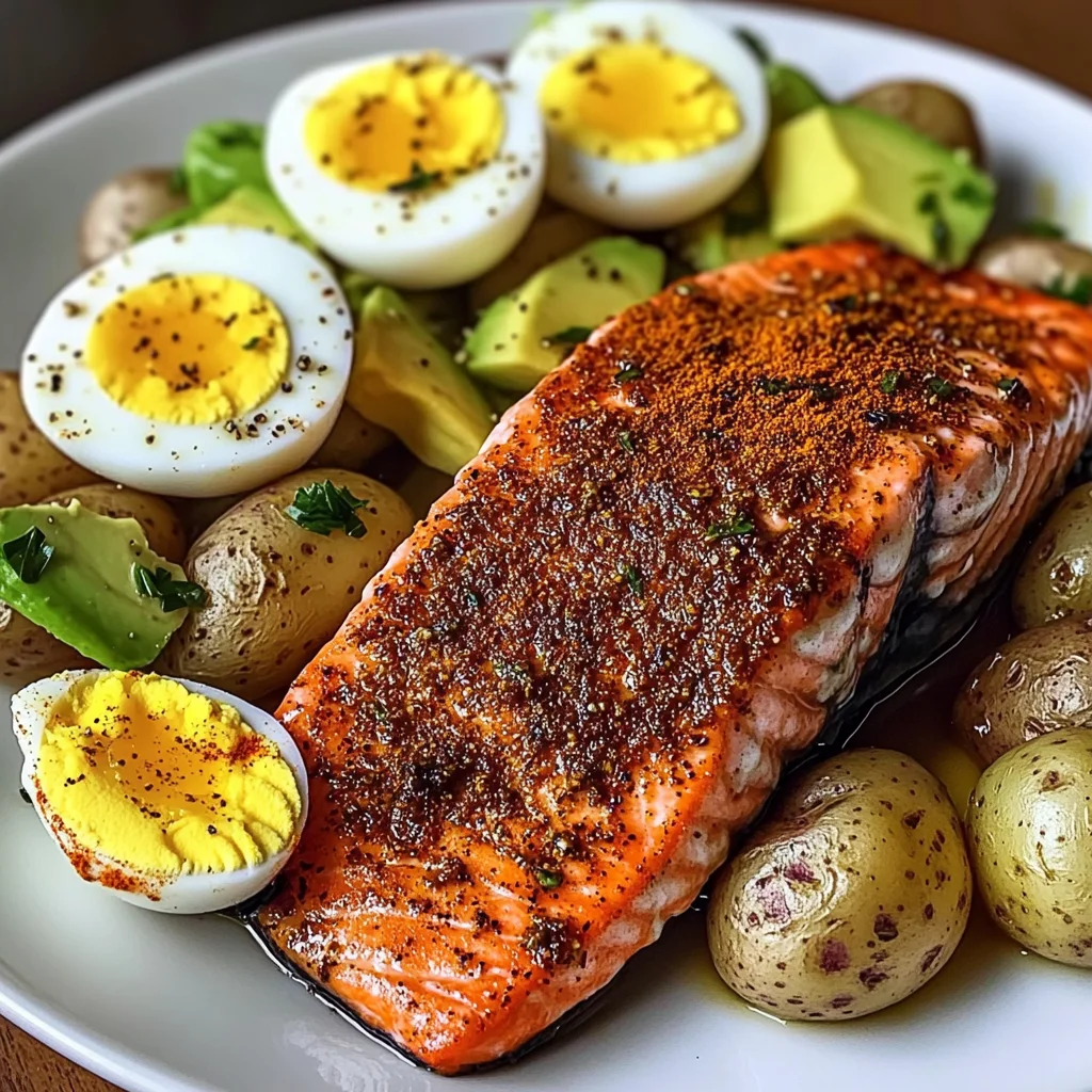 Spiced Salmon with Garlic Herb Potatoes, Avocado & Soft-Boiled Eggs