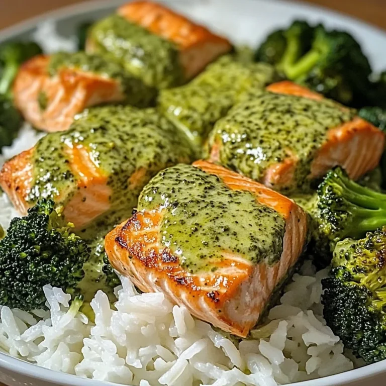 Creamy Pesto Salmon with Broccoli & Rice