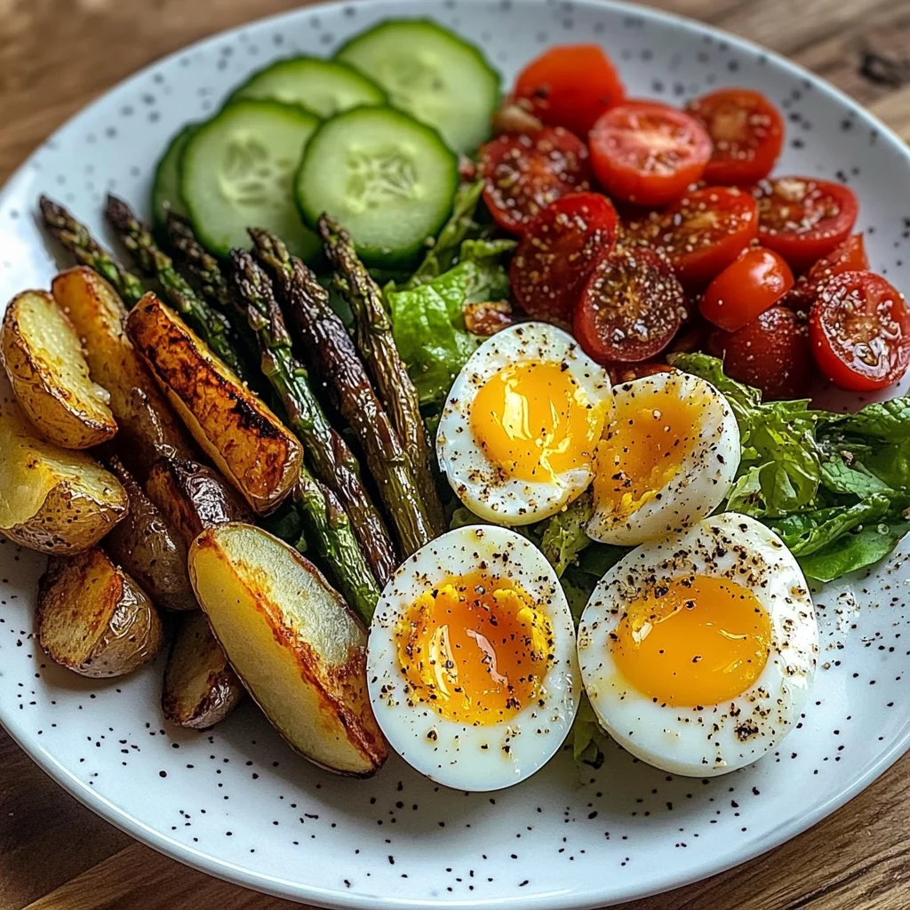 Roasted Potato Wedges with Asparagus, Jammy Eggs & Fresh Garden Salad