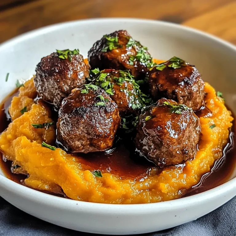 Enjoy Irresistible beef Meatballs with Sweet Potato Mash & Bourbon-Maple Sauce