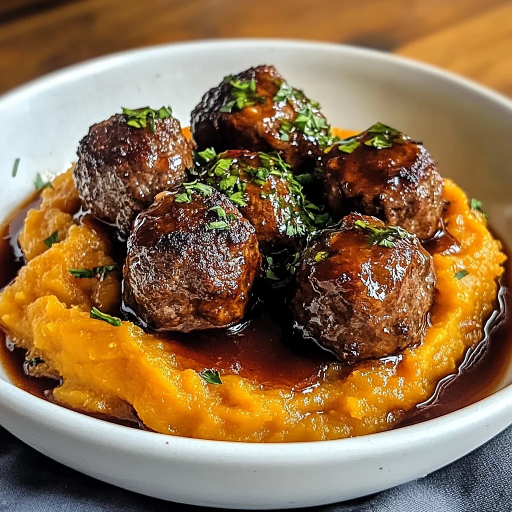 Enjoy Irresistible beef Meatballs with Sweet Potato Mash & Bourbon-Maple Sauce