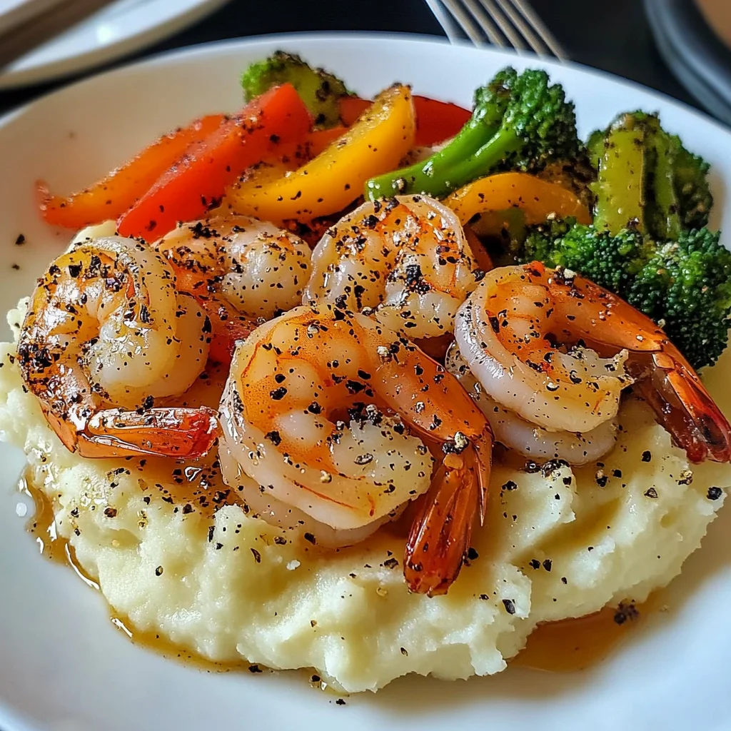 Garlic Butter Shrimp with Sautéed Veggies & Creamy Mashed Potatoes