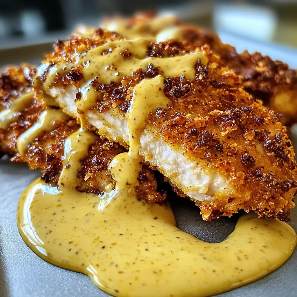 Savory Pretzel Chicken with Mustard-Cheddar Sauce Delight