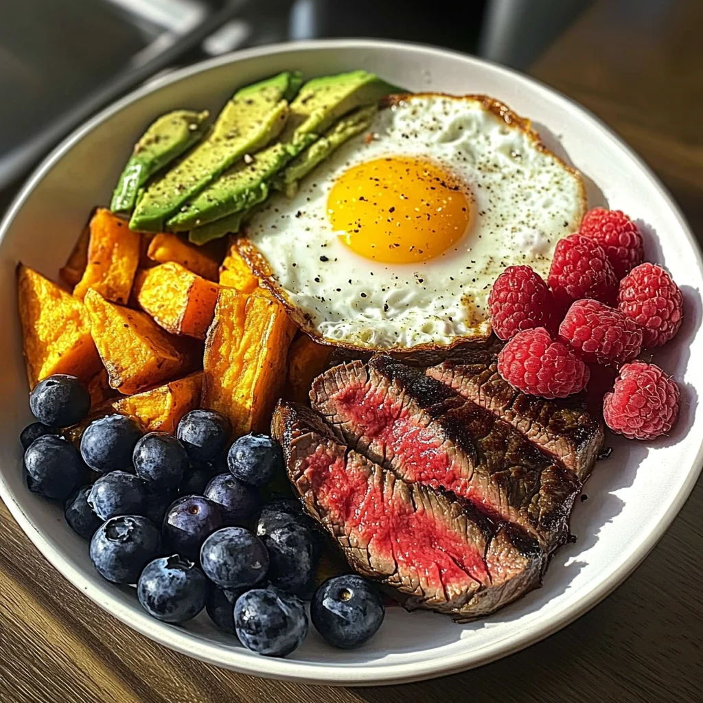Steak & Sunny Eggs Power Plate with Sweet Potato, Avocado & Berries